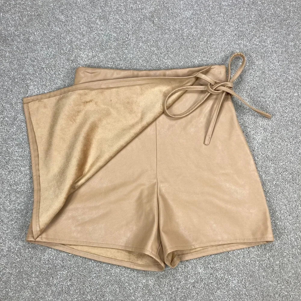 Zara Faux Leather Wrap Skort Womens XS Beige Side Tie Fleece Lined Mini Skirt